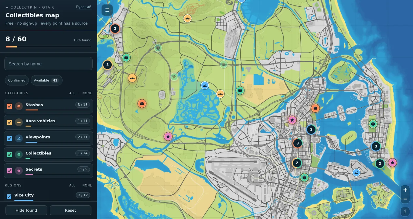CollectPin collectibles map: category and region filters beside the Leonida map with markers